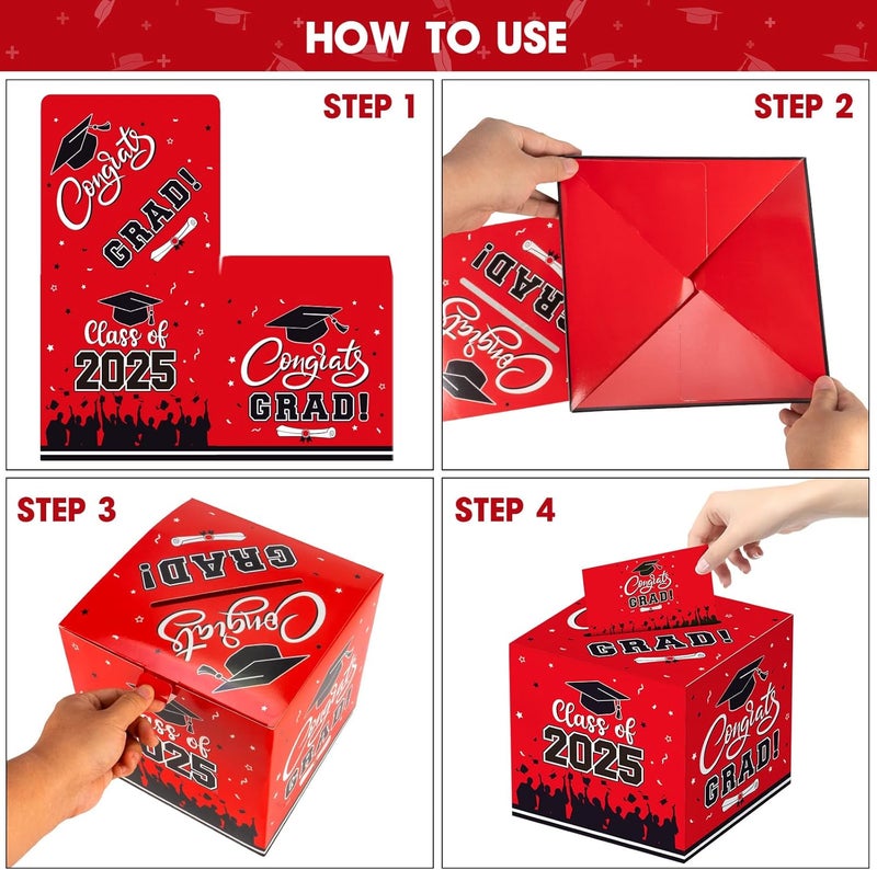 PERFQU Graduation Card Box 2025 - Congrats Grad Card Boxes Holder, Red Class of 2025 Graduation Gift Cards Box for Graduation Party Decorations 2025 Favors Decor Supplies Props,9x 9 x 9 inches - Image 5